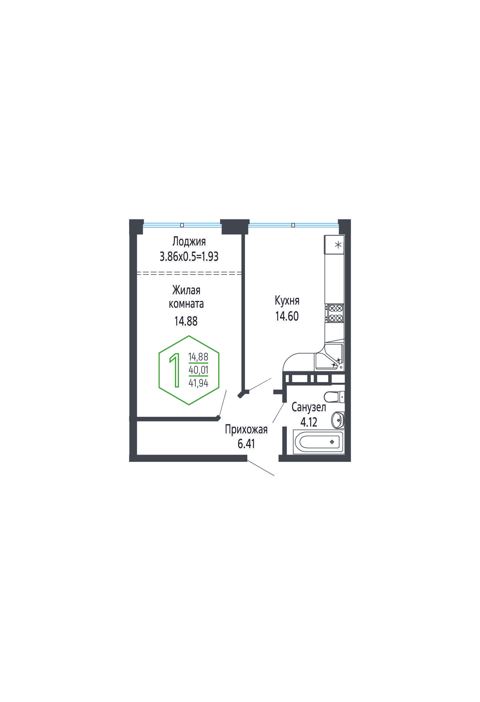 1-комнатная 41 м2 в ЖК Гарантия Prime корпус null этаж 7