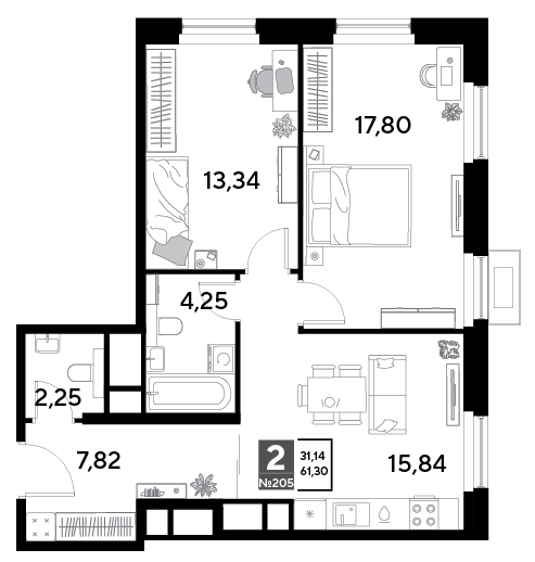 2-комнатная 61 м2 в ЖК EVO корпус null этаж 19