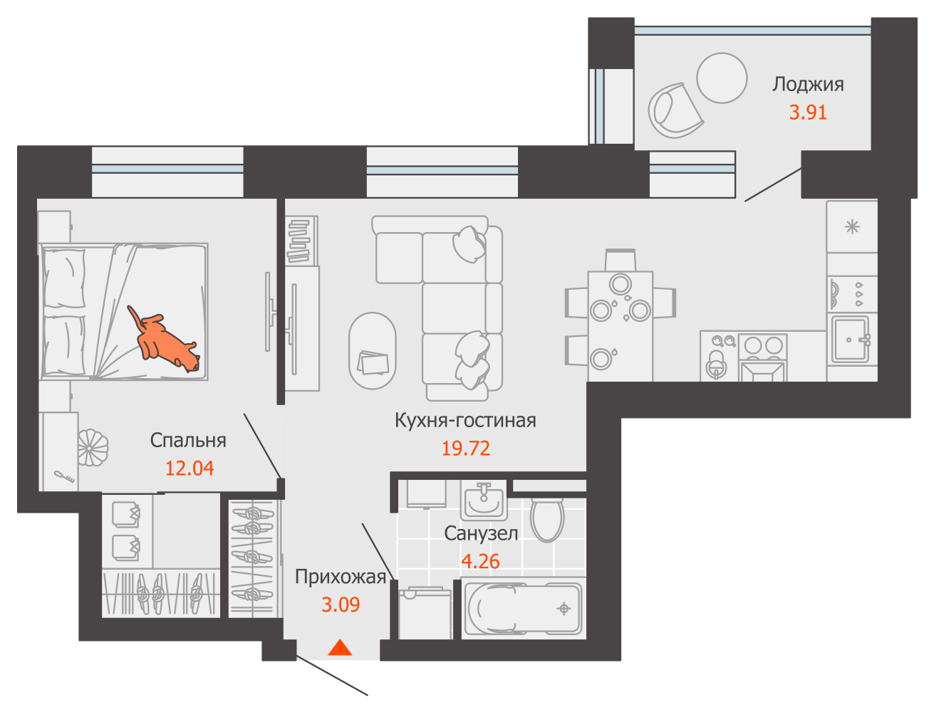 2-комнатная 41 м2 в ЖК ЖК Город Новаторов корпус null этаж 4