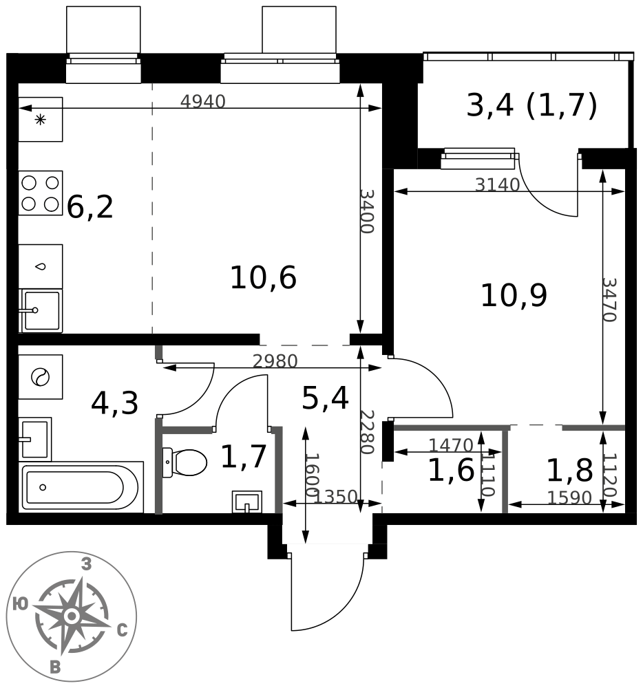 2-комнатная 44 м2 в ЖК 1-й Ясеневский корпус null этаж 9