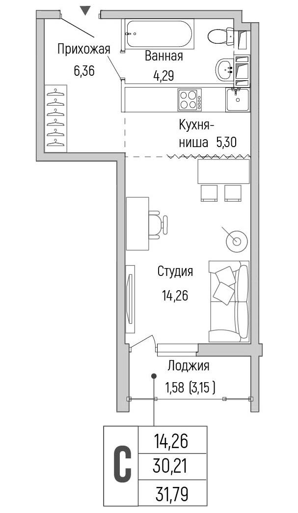 Студия 31 м2 в ЖК Riga Hills корпус null этаж 4