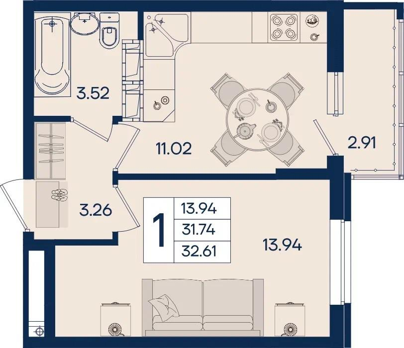1-комнатная 32.6 м2 в ЖК undefined корпус null этаж 7