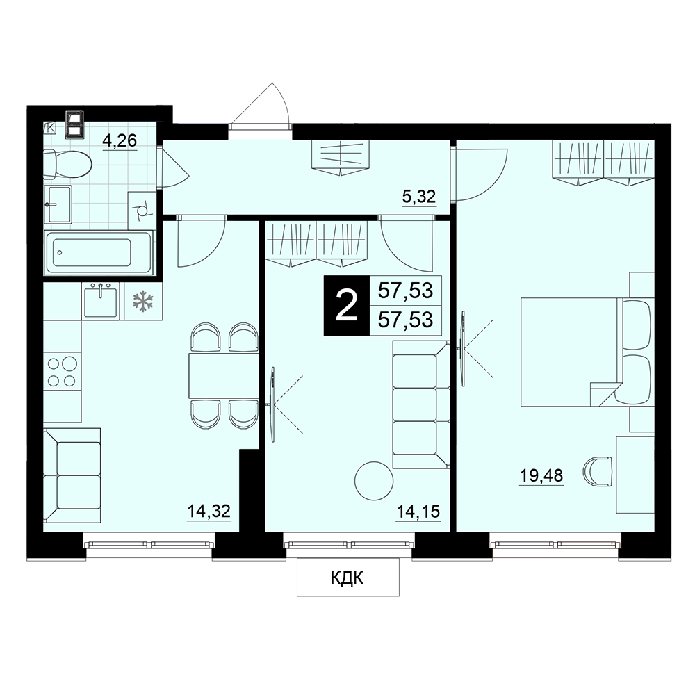 2-комнатная 57 м2 в ЖК Макрорайон Амград корпус null этаж 2