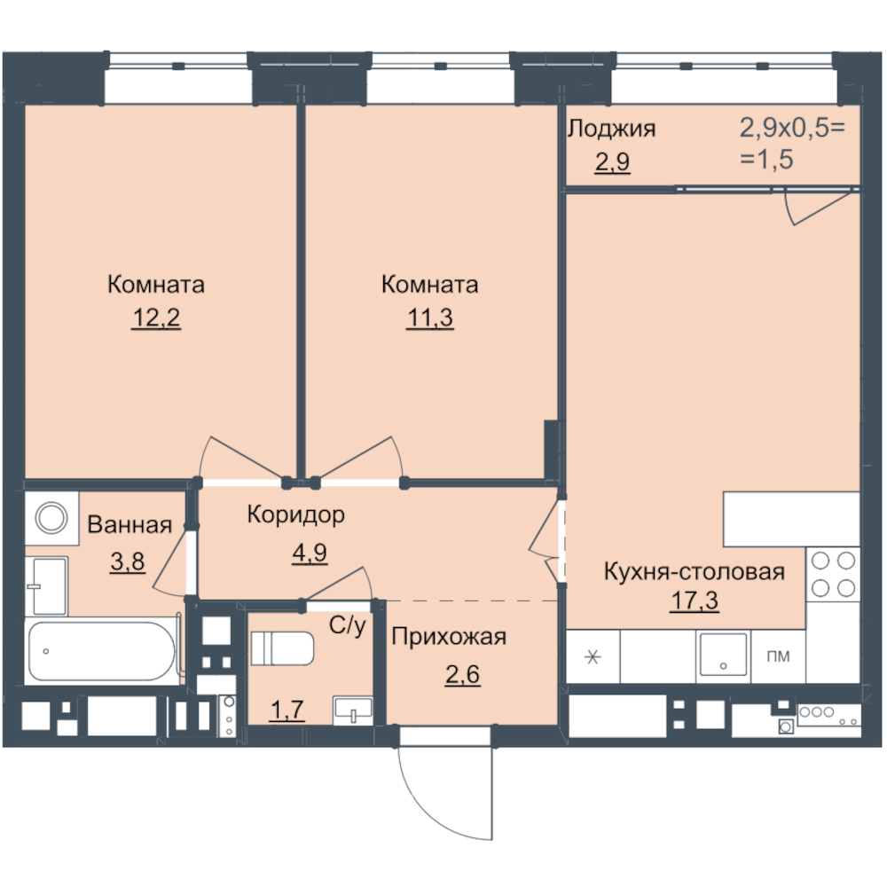 2-комнатная 55 м2 в ЖК Истории корпус null этаж 17