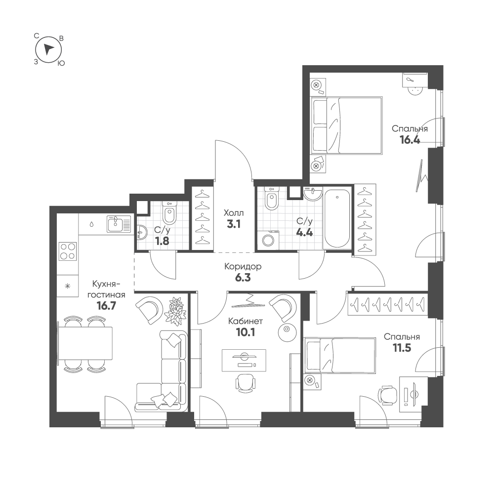 3-комнатная 70 м2 в ЖК Шагал корпус null этаж 4