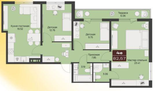 4-комнатная 82.6 м2 в ЖК undefined корпус null этаж 9