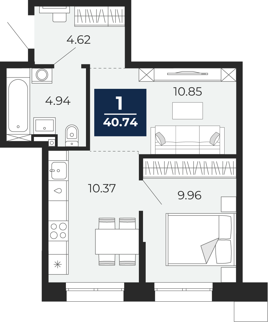 1-комнатная 40 м2 в ЖК Мириады корпус null этаж 1