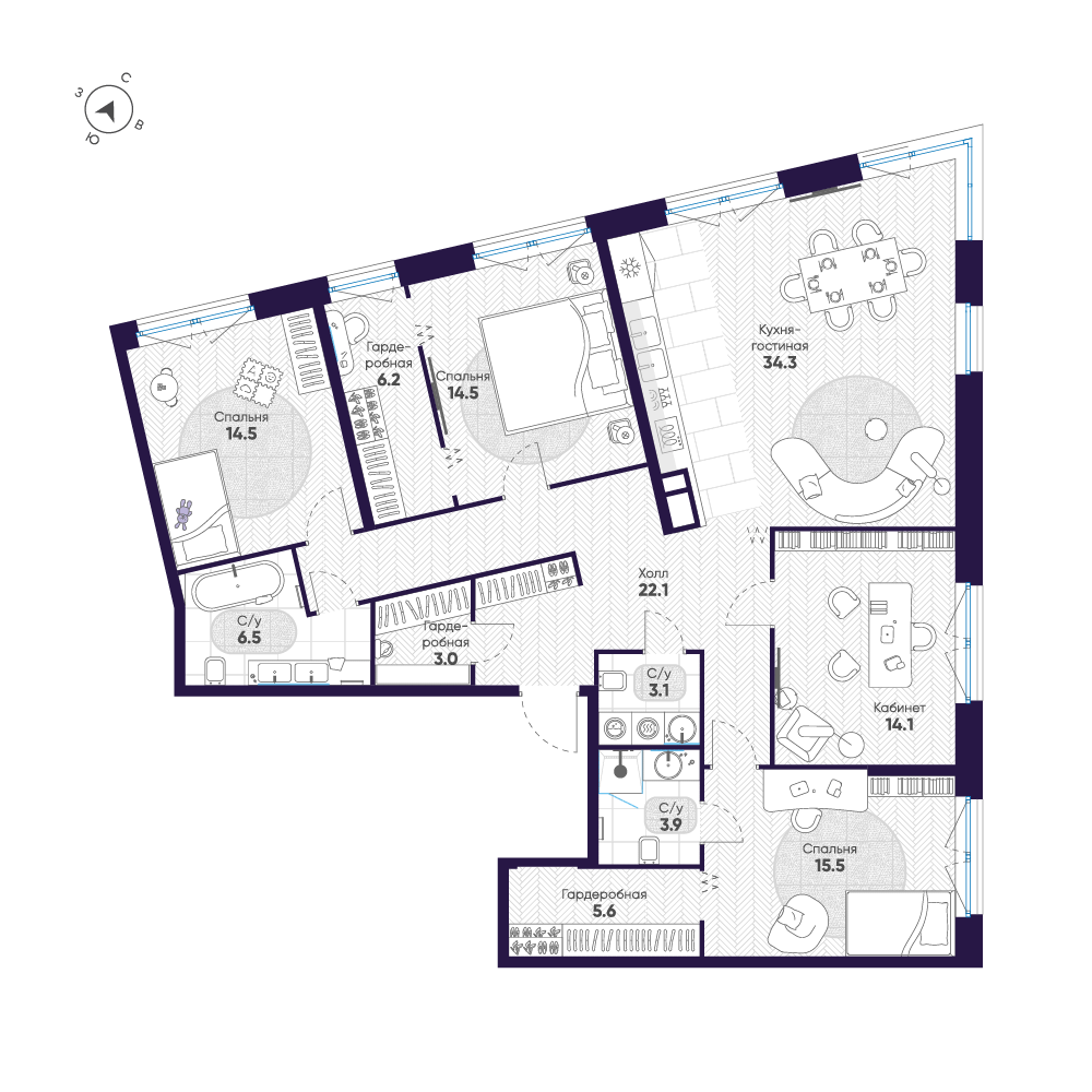 4-комнатная 143 м2 в ЖК ЛДМ корпус null этаж 6