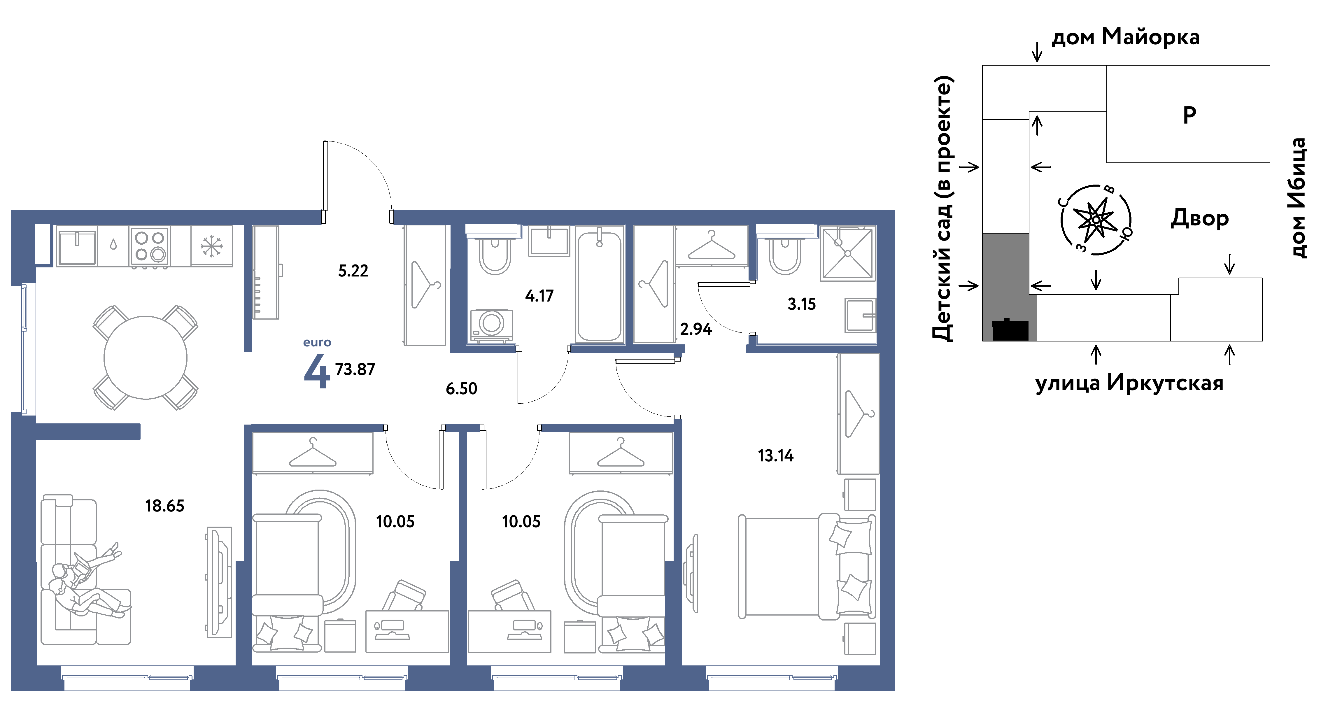4-комнатная 73 м2 в ЖК Остров-сад корпус null этаж 15