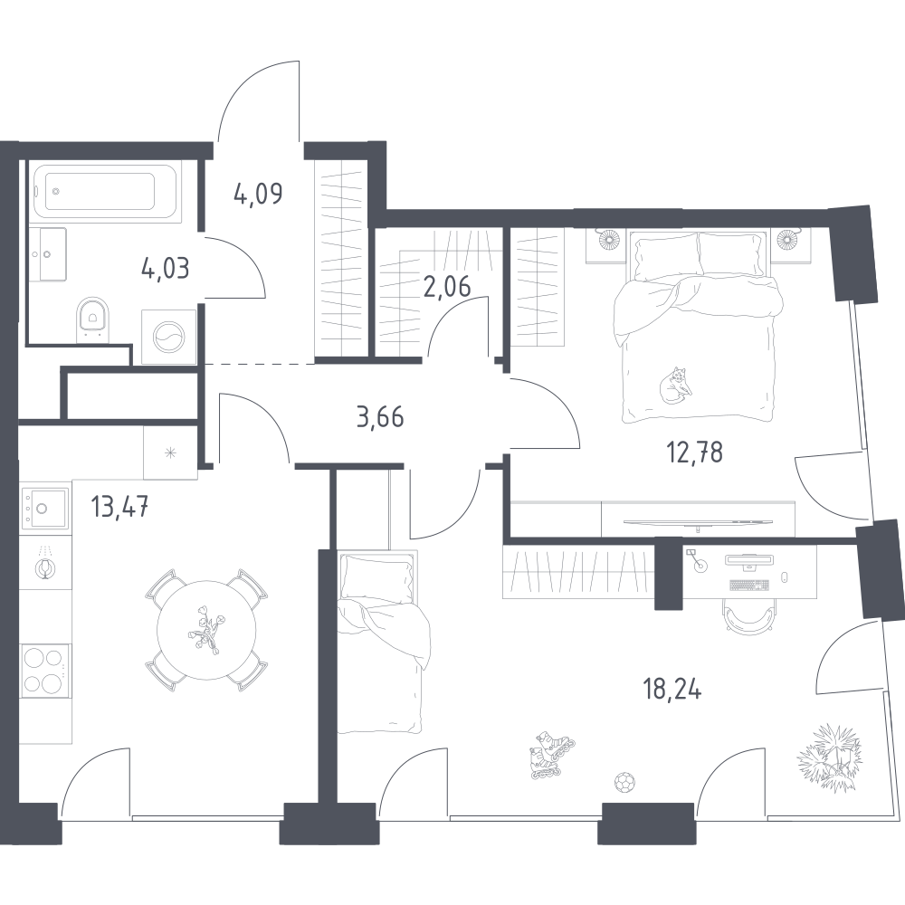 2-комнатная 58 м2 в ЖК Квартал на воде корпус null этаж 6