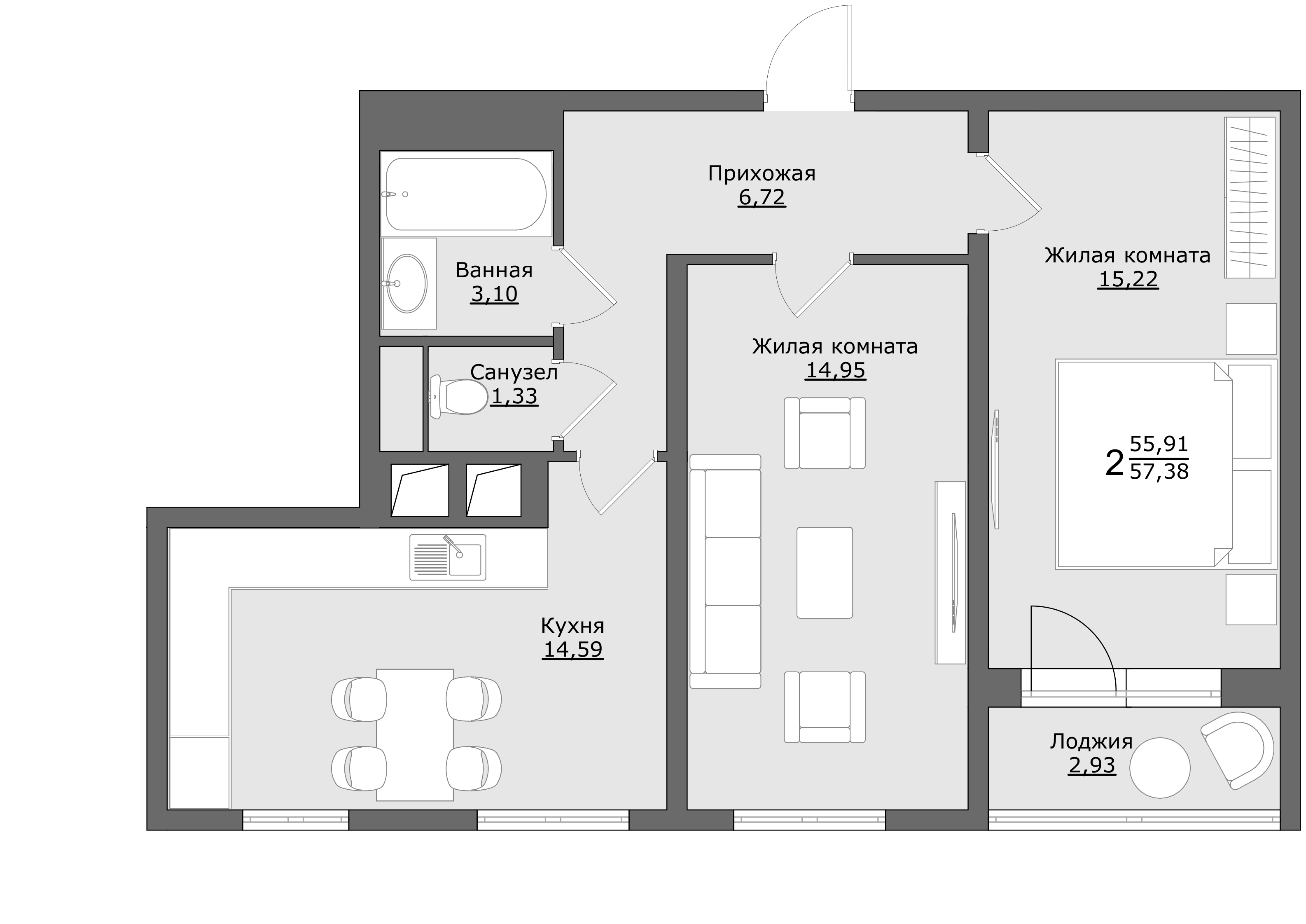 2-комнатная 57 м2 в ЖК Клевер корпус null этаж 9