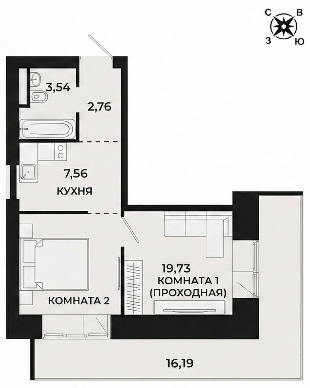 2-комнатная 41.7 м2 в ЖК undefined корпус null этаж 6