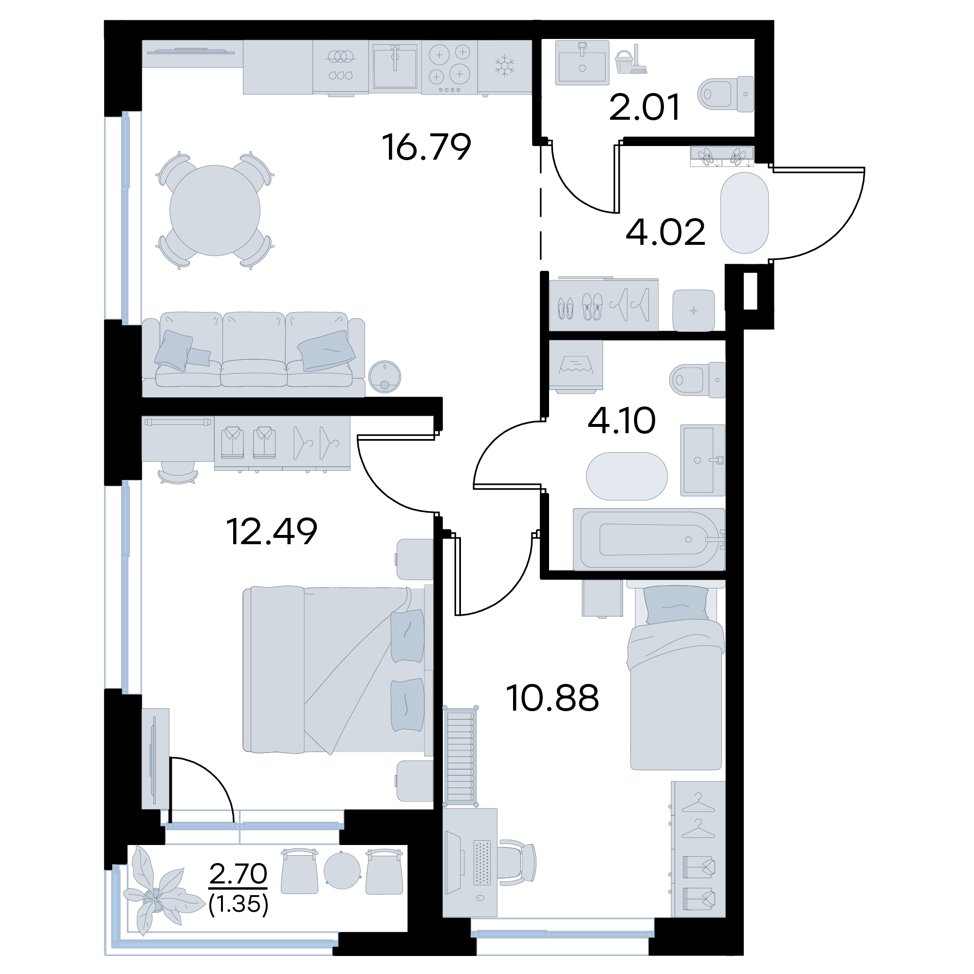 2-комнатная 51 м2 в ЖК GloraX Октябрьский корпус null этаж 2