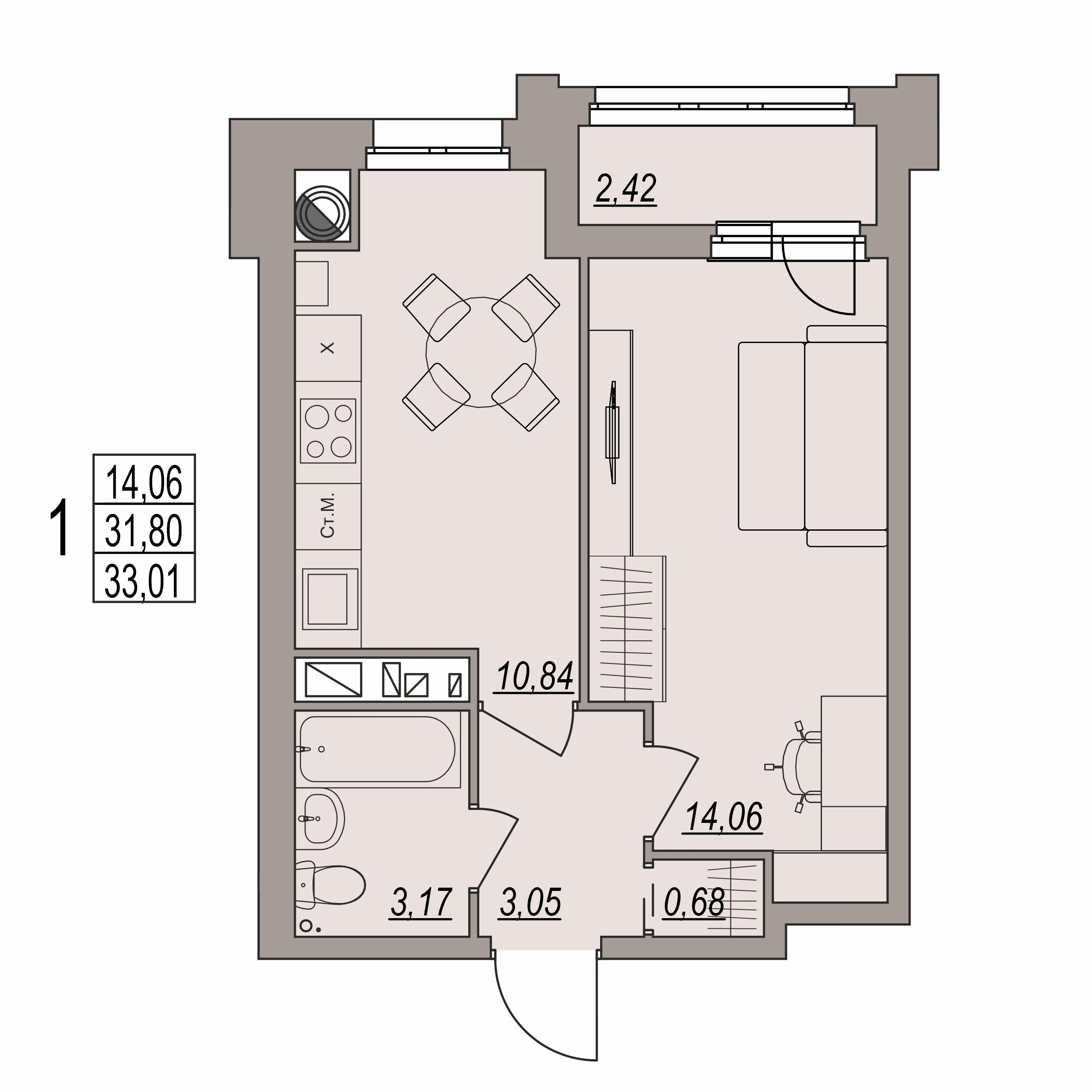 1-комнатная 33 м2 в ЖК Сердце города корпус null этаж 6