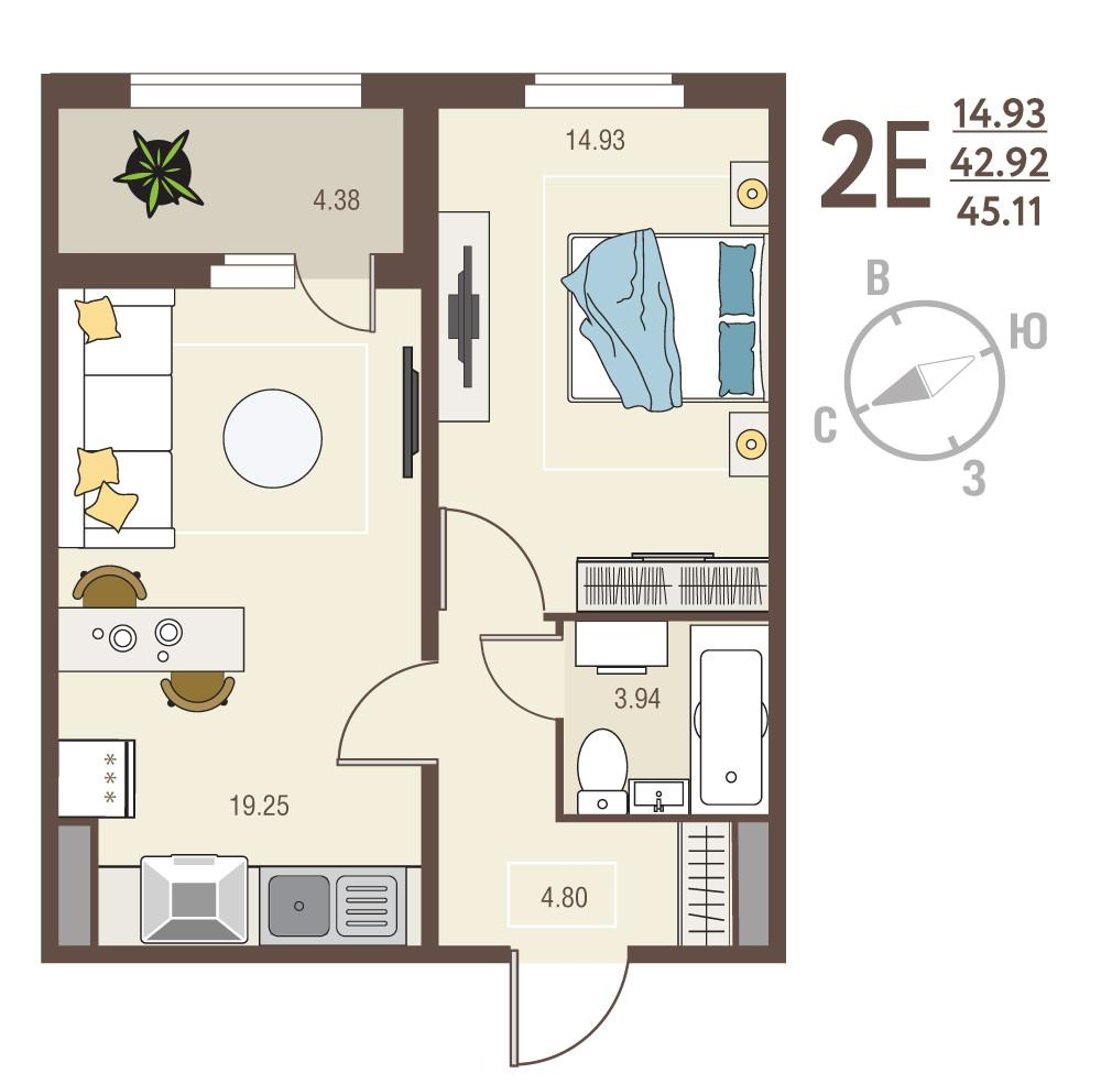 2-комнатная 45.1 м2 в ЖК undefined корпус null этаж 13