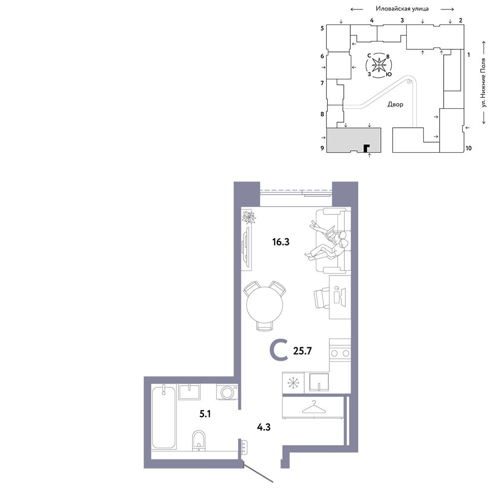 1-комнатная 25 м2 в ЖК Страна.Заречная корпус null этаж 17