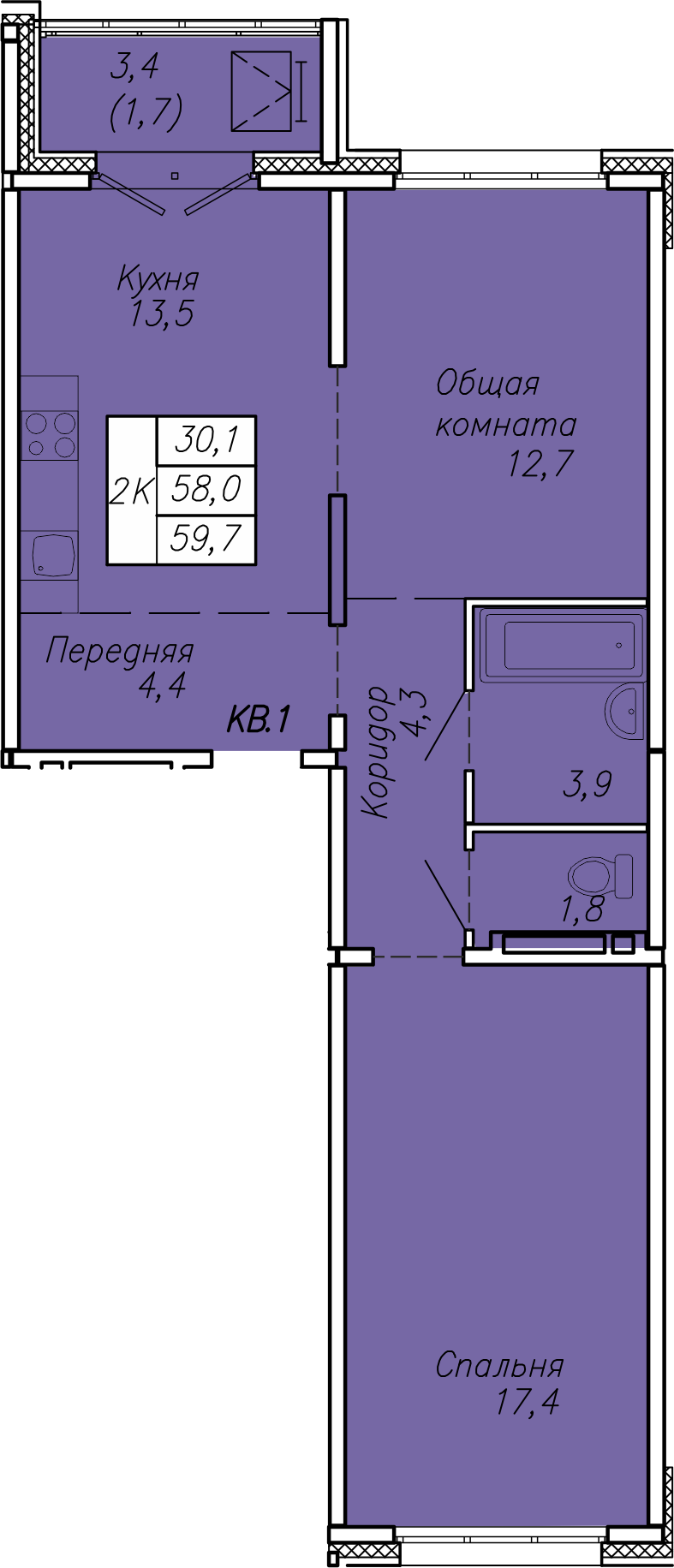 2-комнатная 59 м2 в ЖК Квартет корпус null этаж 13