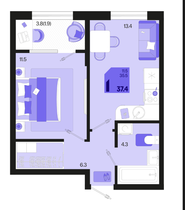 1-комнатная 37.4 м2 в ЖК undefined корпус null этаж 2