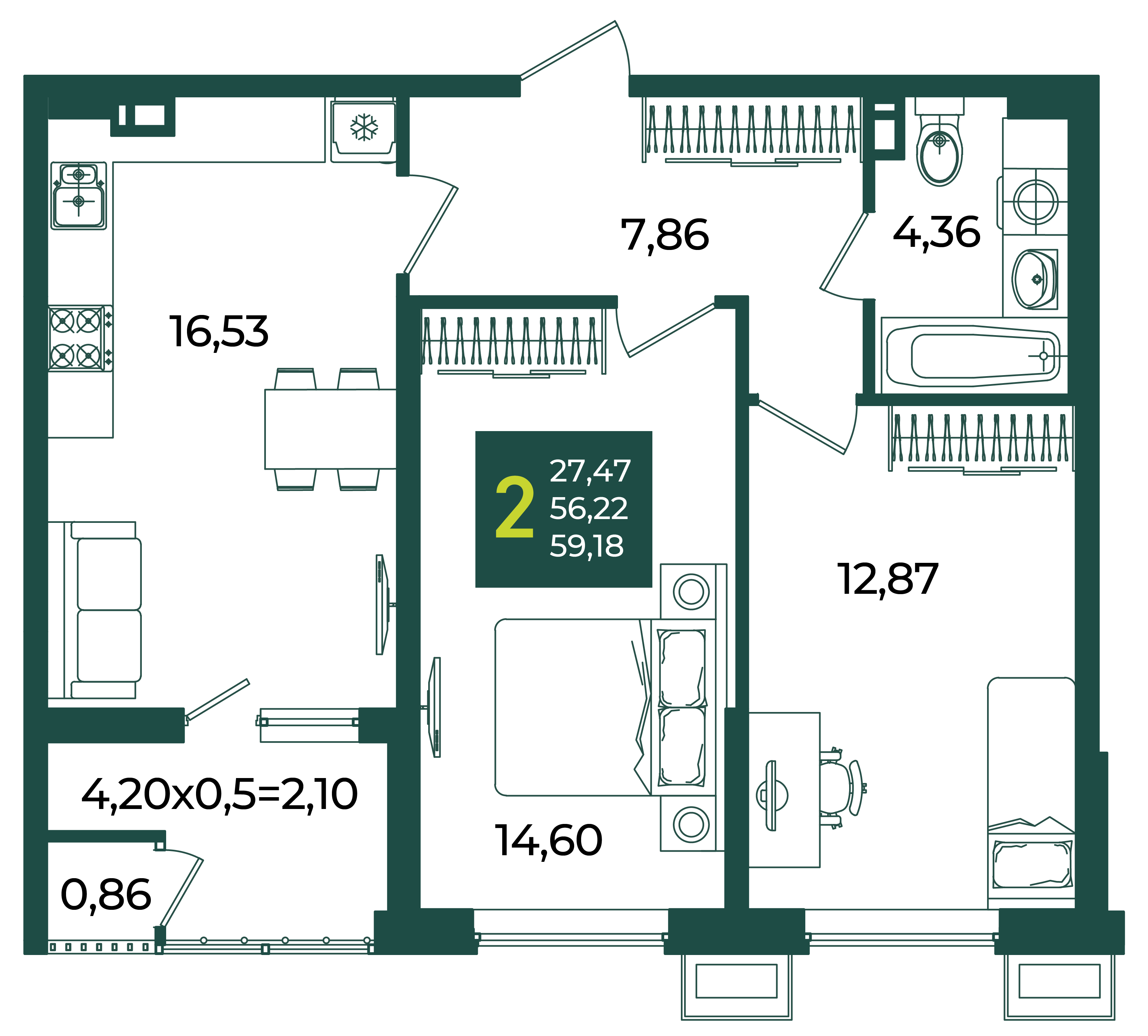 2-комнатная 59 м2 в ЖК Образцово корпус null этаж 5