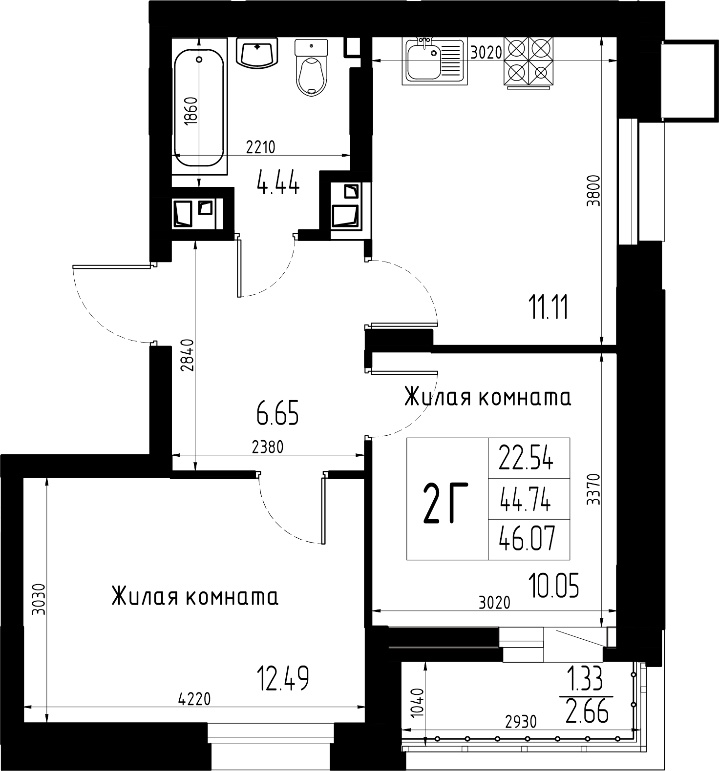 2-комнатная 46 м2 в ЖК Статный корпус null этаж 4