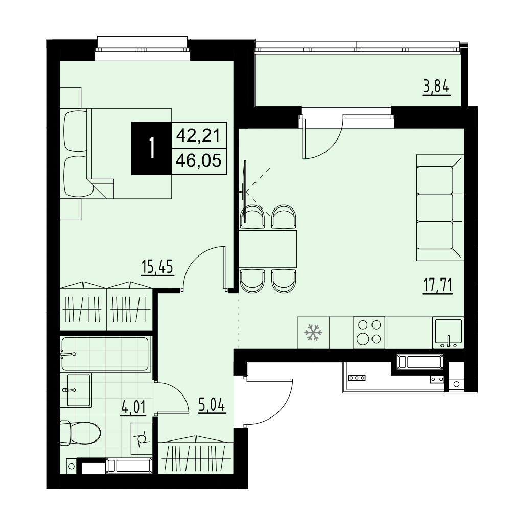 1-комнатная 44 м2 в ЖК Макрорайон Амград корпус null этаж 1