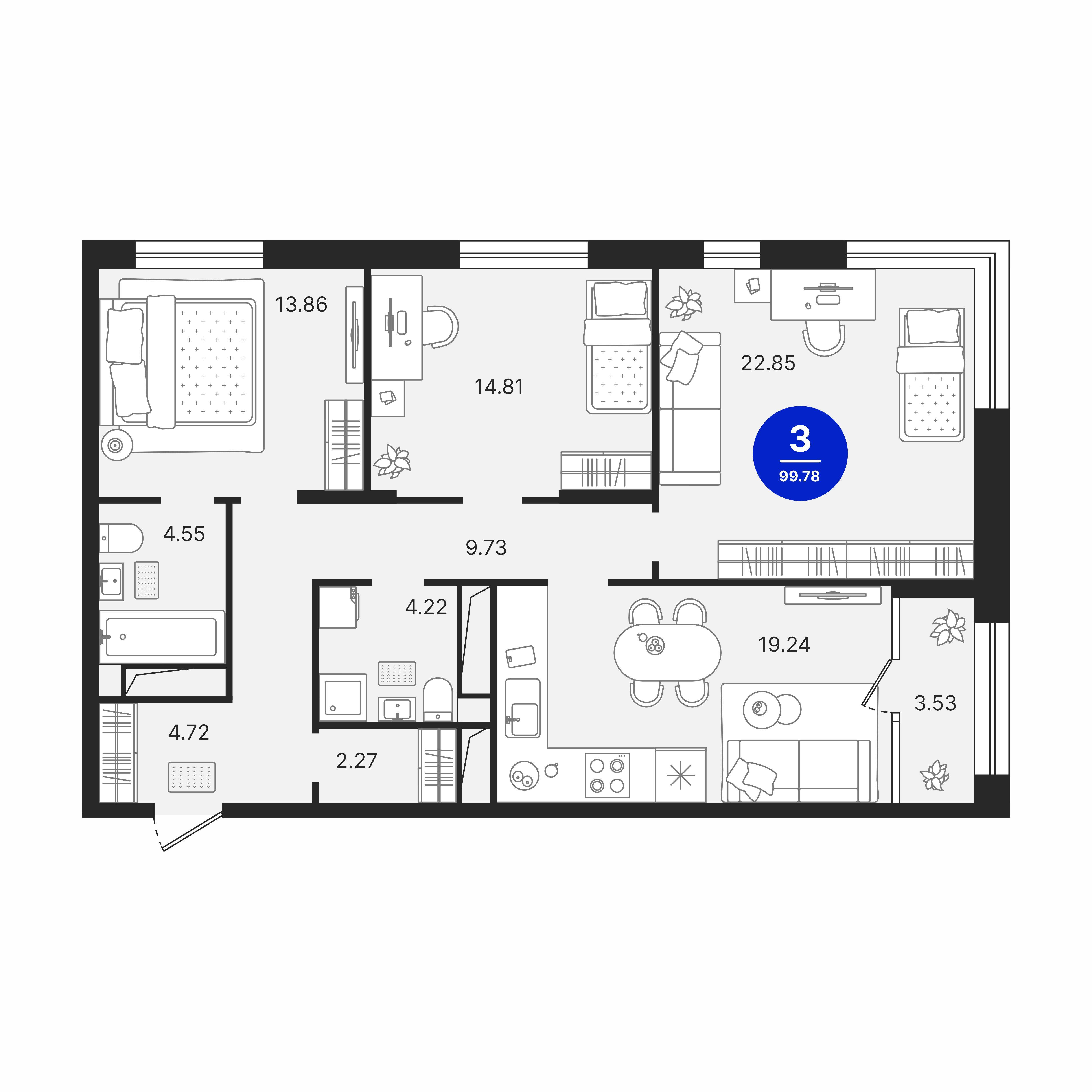 3-комнатная 99 м2 в ЖК Северное Сияние корпус null этаж 15