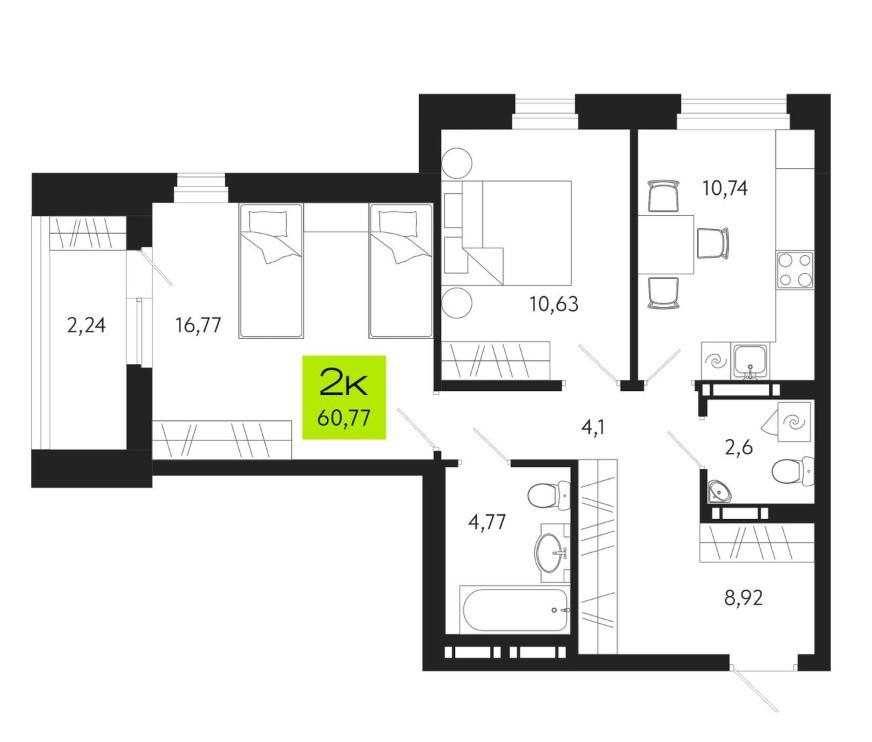 2-комнатная 60.8 м2 в ЖК undefined корпус null этаж 4
