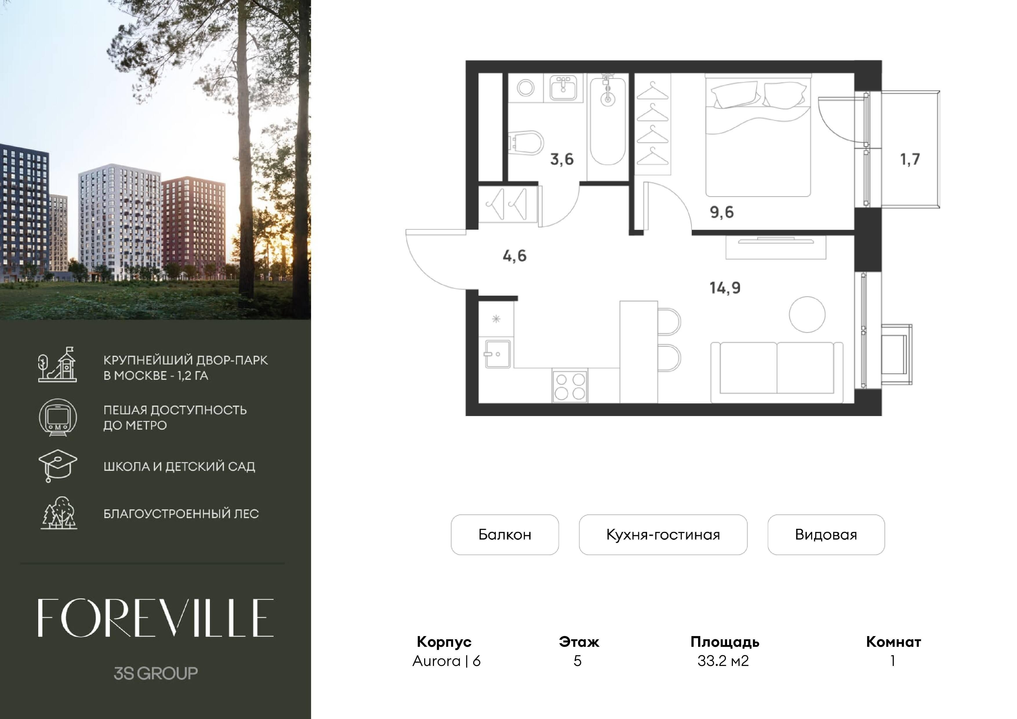 1-комнатная 33 м2 в ЖК Форевиль корпус null этаж 5
