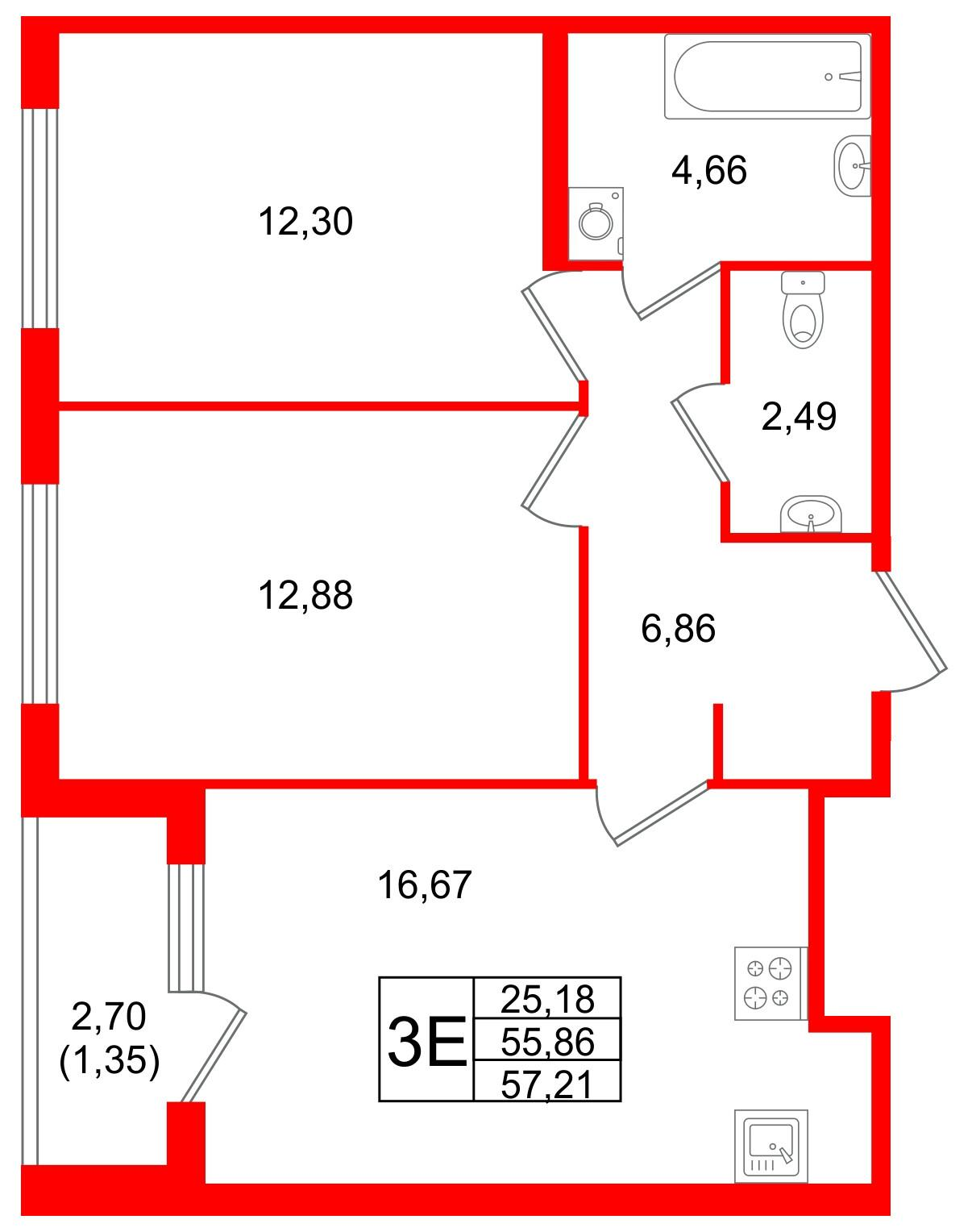 2-комнатная 57 м2 в ЖК Квартал Заречье корпус null этаж 1
