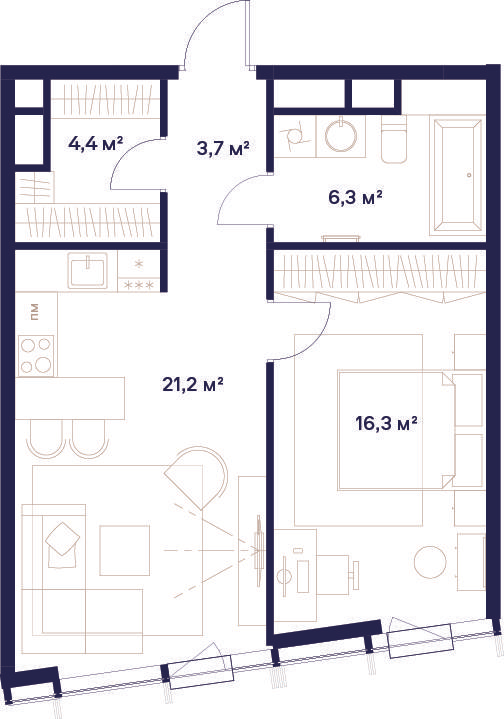 1-комнатная 51 м2 в ЖК Союз корпус null этаж 21