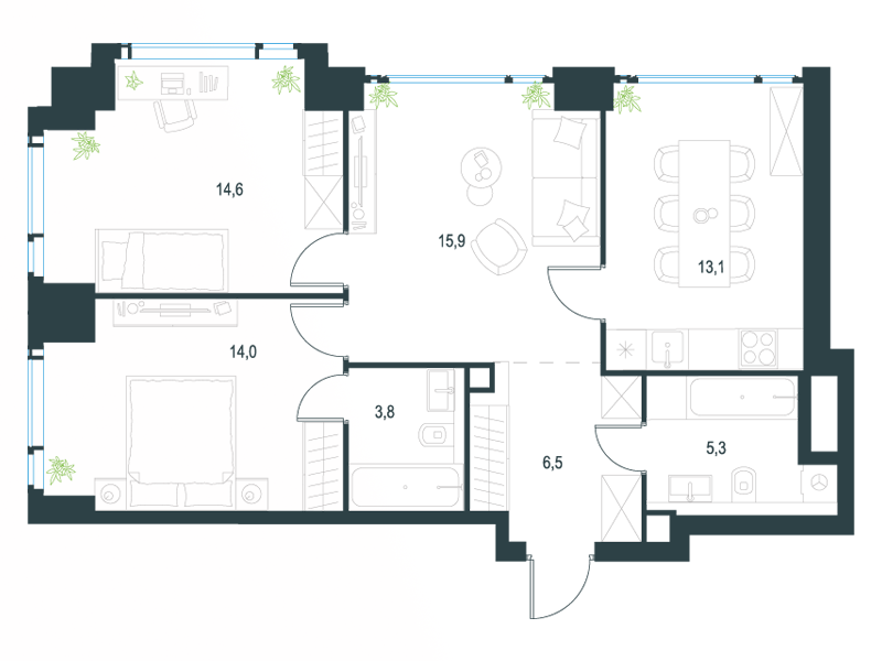3-комнатная 74 м2 в ЖК Level Мичуринский корпус null этаж 14