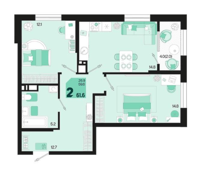 2-комнатная 61.6 м2 в ЖК undefined корпус null этаж 14