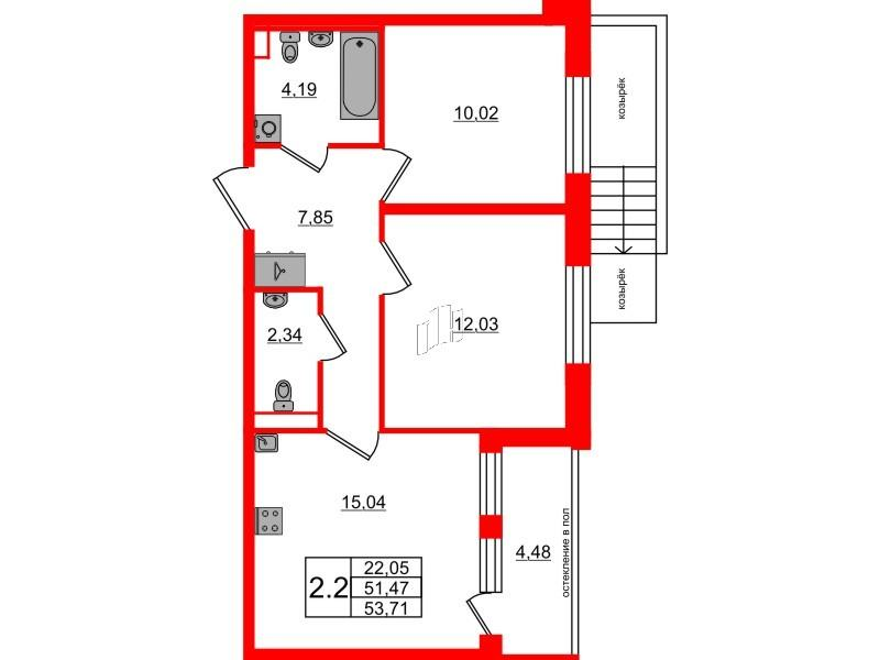 2-комнатная 51 м2 в ЖК Univer City корпус null этаж 1