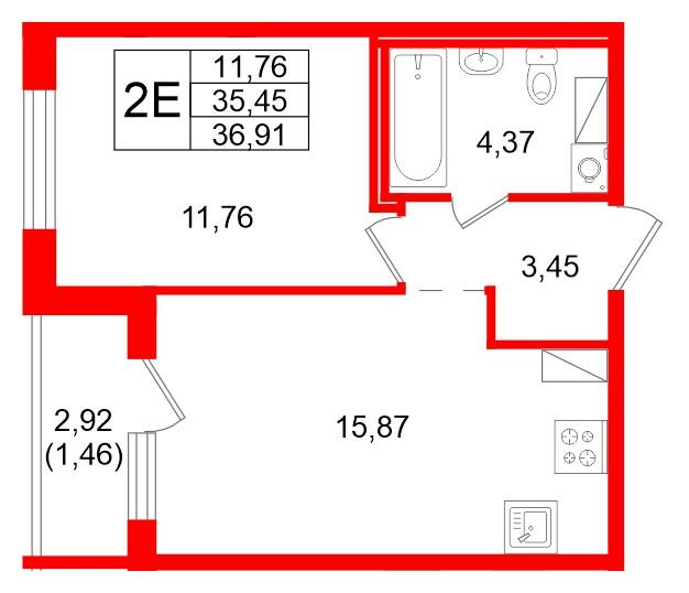 1-комнатная 36 м2 в ЖК Квартал Заречье корпус null этаж 3