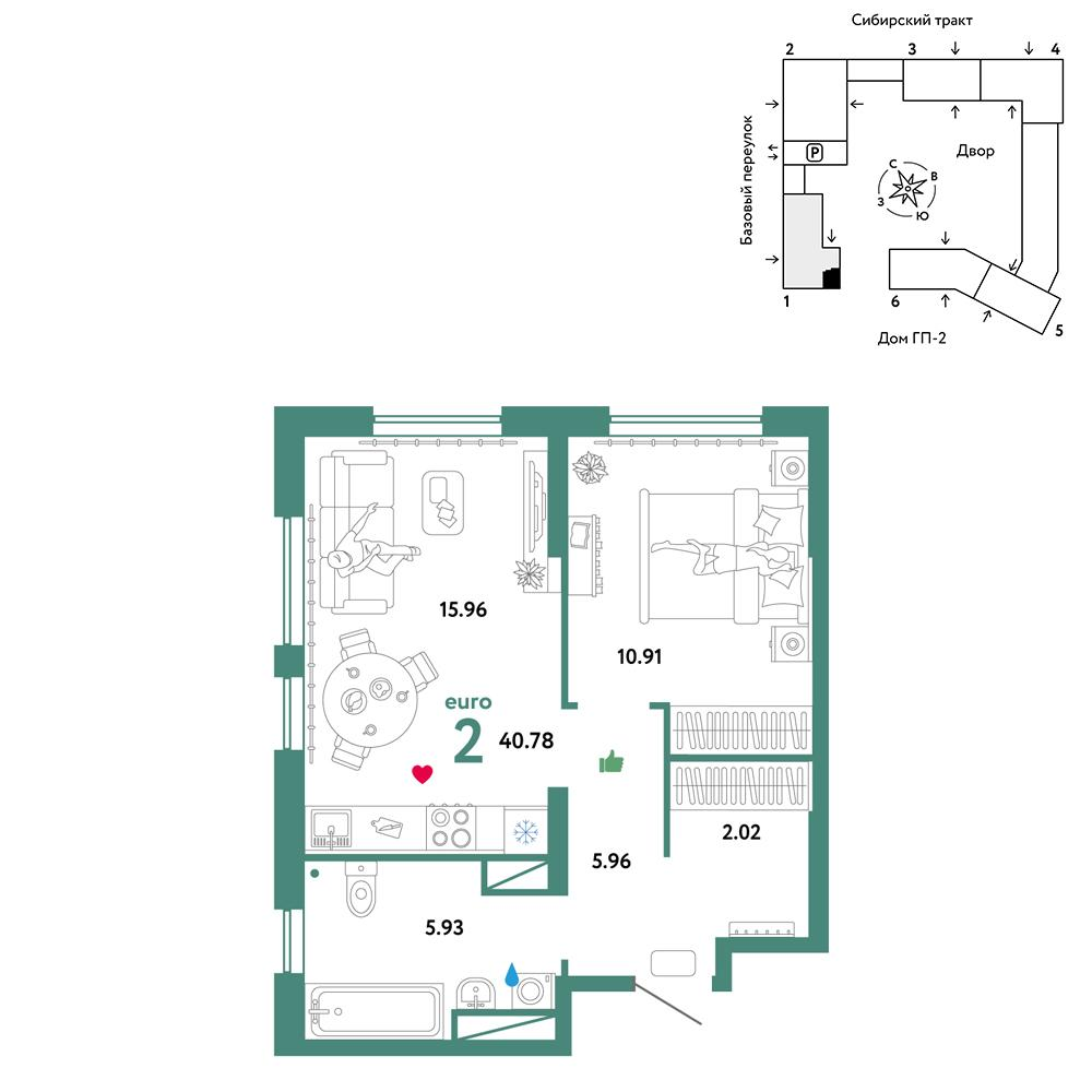 2-комнатная 40 м2 в ЖК Сибирский сад корпус null этаж 3