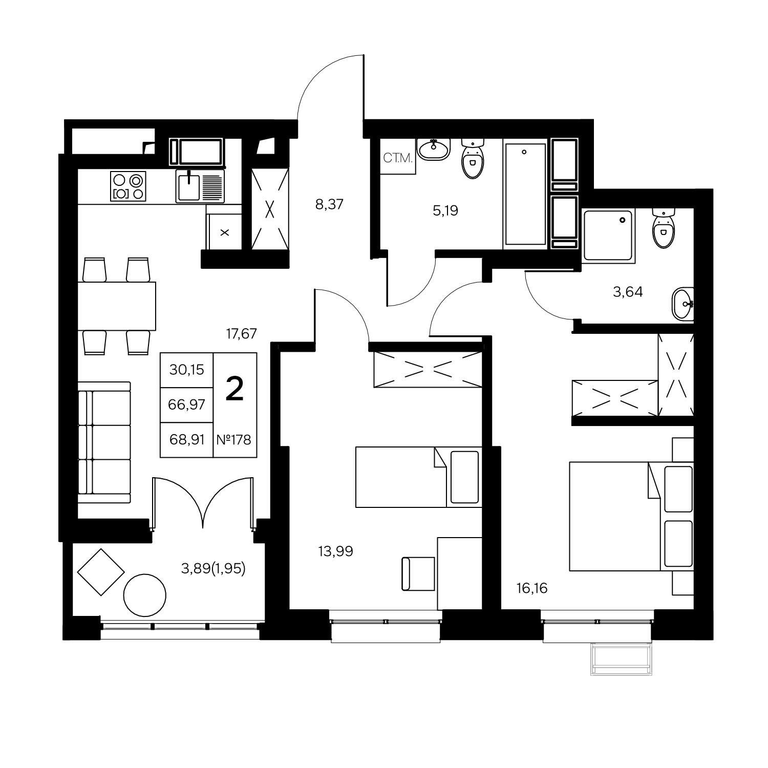 2-комнатная 68 м2 в ЖК Дом Славский корпус null этаж 17
