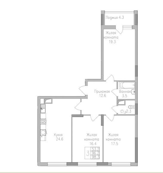 3-комнатная 98.3 м2 в ЖК undefined корпус null этаж 5