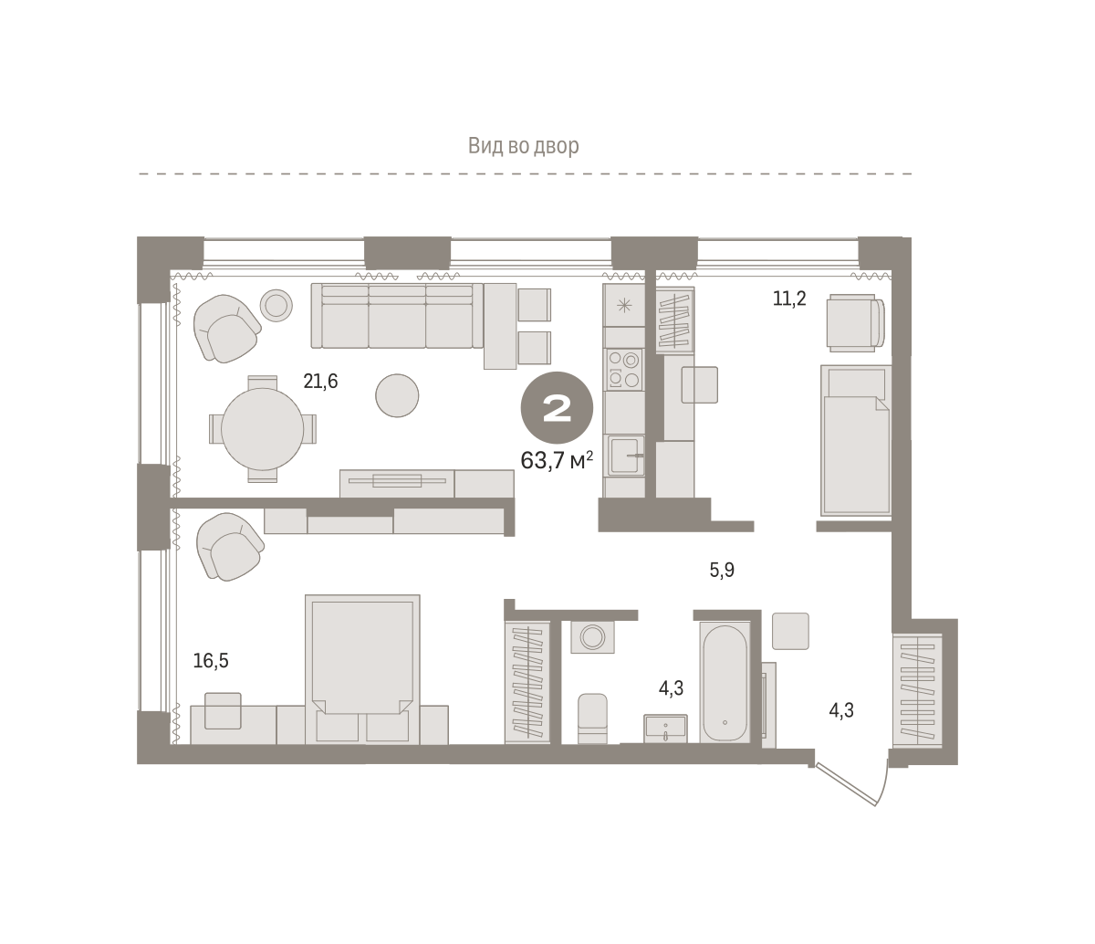 2-комнатная 63 м2 в ЖК Октябрьский на Туре корпус null этаж 4
