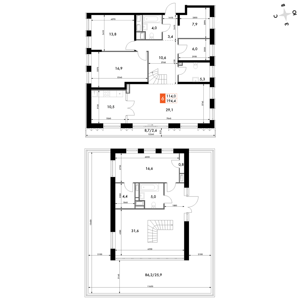 6-комнатная 193 м2 в ЖК Фордевинд корпус null этаж 2