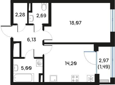 1-комнатная 49 м2 в ЖК Регенбоген корпус null этаж 4