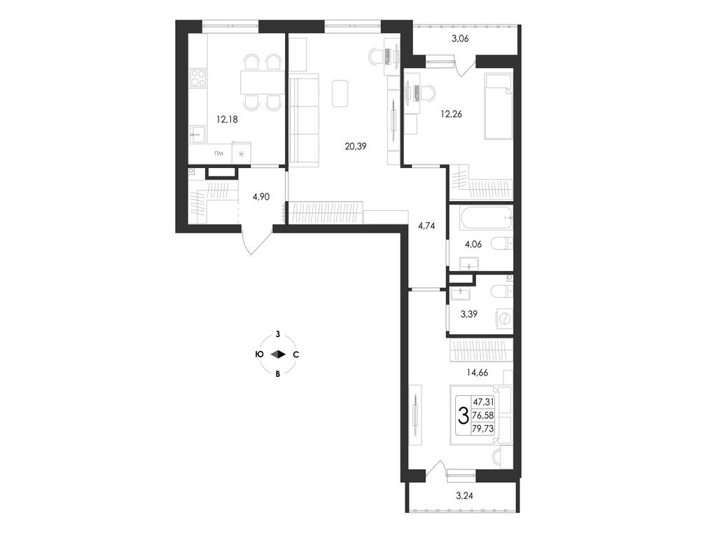 3-комнатная 79 м2 в ЖК Май корпус null этаж 6