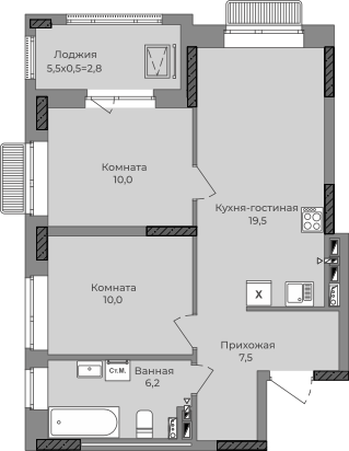 2-комнатная 58 м2 в ЖК Город-парк корпус null этаж 3