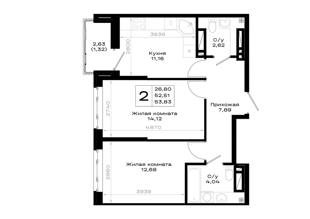 2-комнатная 53 м2 в ЖК Октябрь парк корпус null этаж 9