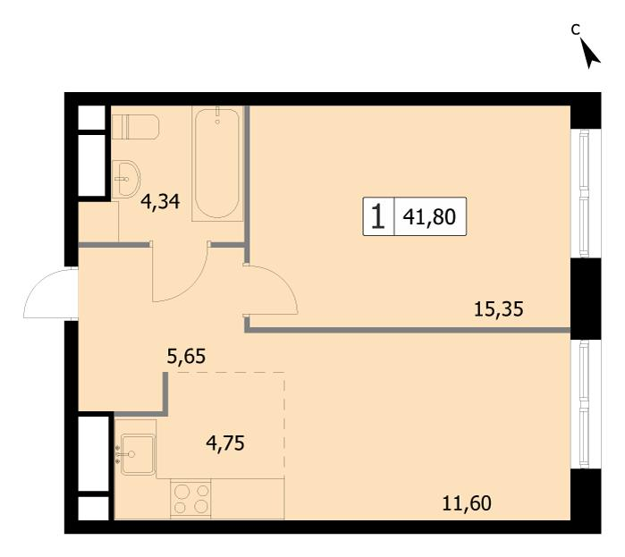 1-комнатная 41 м2 в ЖК Self корпус null этаж 18