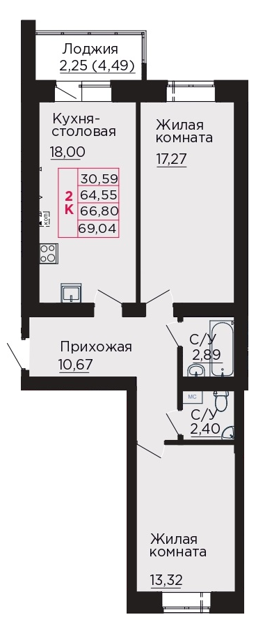 2-комнатная 66 м2 в ЖК Вишневый сад корпус null этаж 3