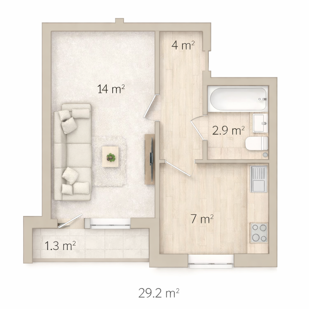 1-комнатная 29.2 м2 в ЖК undefined корпус null этаж 2