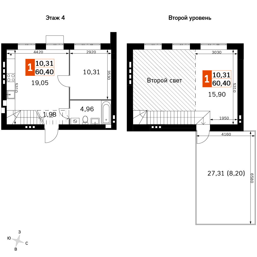 2-комнатная 60 м2 в ЖК Жаворонки Клаб корпус null этаж 4