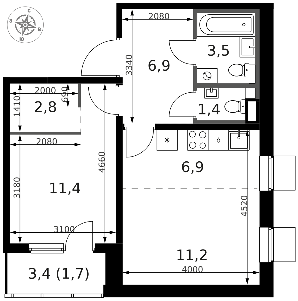 2-комнатная 46 м2 в ЖК 1-й Ясеневский корпус null этаж 3