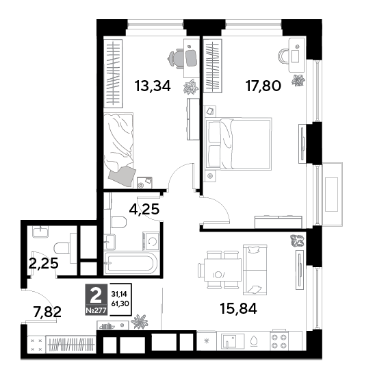 2-комнатная 61 м2 в ЖК EVO корпус null этаж 25