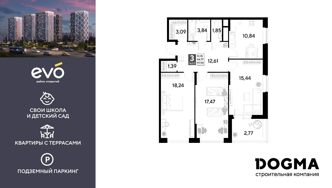 3-комнатная 87 м2 в ЖК ЭВО корпус null этаж 3